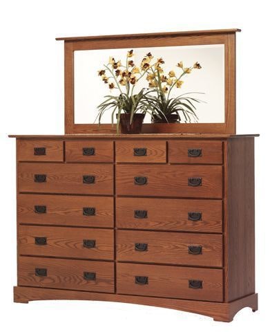 Amish Kelsey Mission 66 High Dresser with 12 Drawers Shown in Oak with Brown Cherry Finish