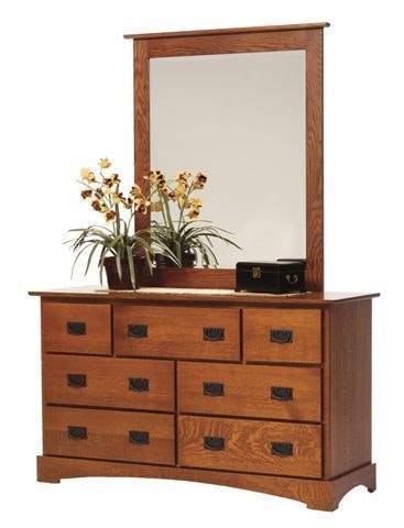 Amish 56 Wide Kelsey Mission 7 Drawer Dresser Shown in Quartersawn White Oak with Michaels Cherry Finish