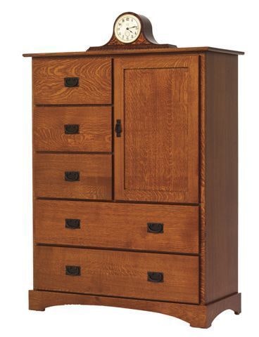 Amish 43 Wide Kelsey Mission Chest of 5 Drawers With Door Shown in Quartersawn White Oak Wood with Michaels Cherry Finish