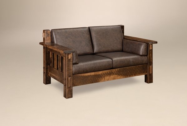 Amish Dutton Rough Sawn Wood Loveseat Sofa 62 1/2 inches Wide includes Fabric Option Only Reversible Seat Cushions.