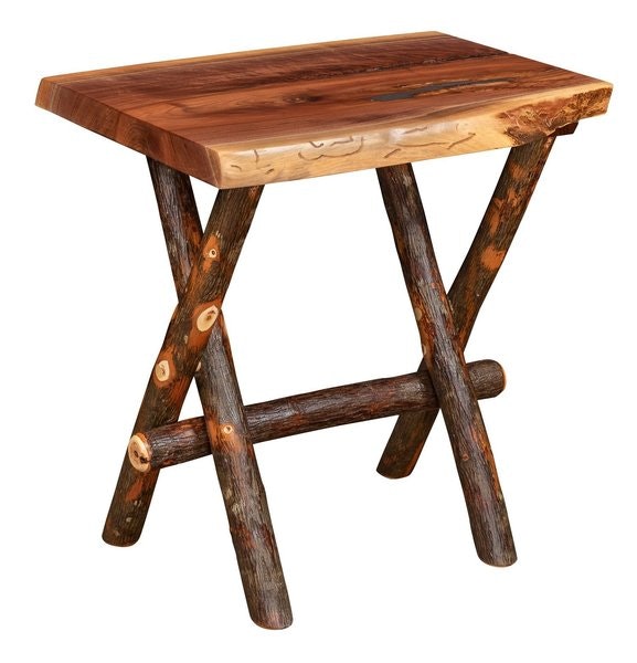 Amish Big Creek Hickory Log End Table with Live Edge Top