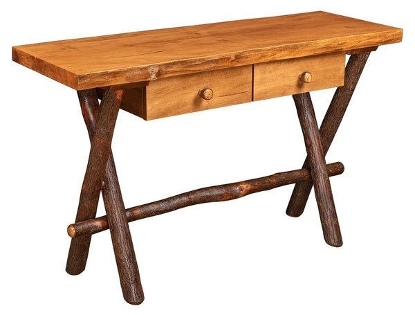 Amish Big Creek Hickory Log Sofa Table with Drawers and Live Edge Top
