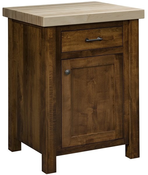 Amish Cottage Kitchen Island with One Door and One Drawer Shown with a Brown Maple Base and a Edge Grain Maple Top