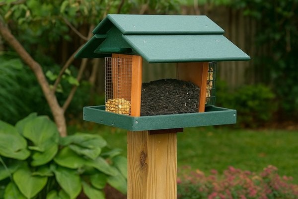Amish Made Recycled Poly Classic Deluxe Post Mount Hopper Bird Feeder with Split Peanut and Suet Holders
