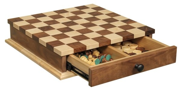 Amish Handmade Chess and Checker Board Set with Storage Drawer