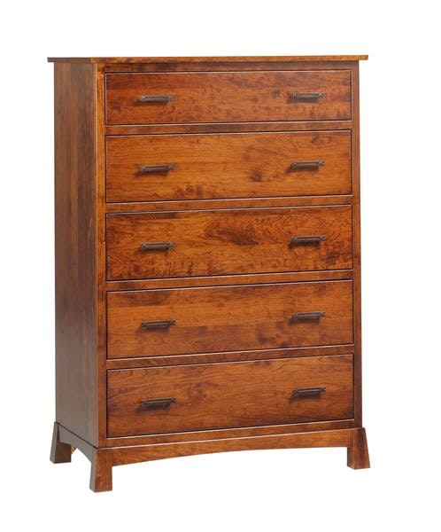 Amish Samantha Modern Rustic 5-Drawer Chest of Drawers shown in Rustic Cherry with Asbury Finish and Chandler Hardware