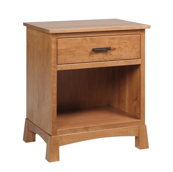 Amish Samantha Modern Rustic 1-Drawer Nightstand shown in Rustic Cherry and Chandler Hardware