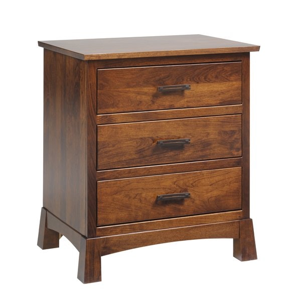 Amish Samantha Modern Rustic 3-Drawer Nightstand shown in Rustic Cherry with Asbury Finish and Chandler Hardware