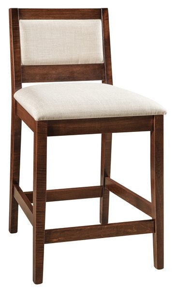 Amish Mill Neck Stationary Bar Stool Upholstered Seat and Back Wood Frame Back Armless