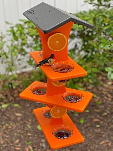 Amish Poly Triple Deck Jelly Cup Oriole Bird Feeder with Orange Holder Pegs