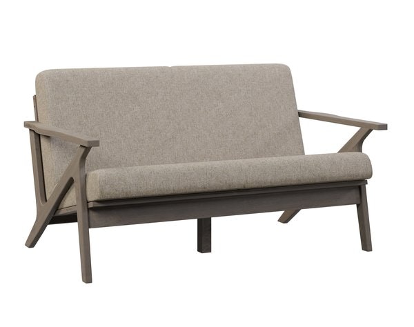 Amish Marilyn Mid-Century Modern Loveseat shown in Brown Maple wood with Earthtone Finish and Normal Fabric.