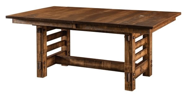 Amish Boulder Rustic Rough Sawn Wormy Maple Wood Trestle Dining Table