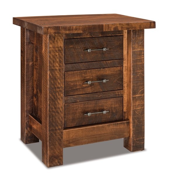 Amish Custom Rustic Wood Dutton 3-Drawer Nightstand shown in Tavern Finish - Quick Ship