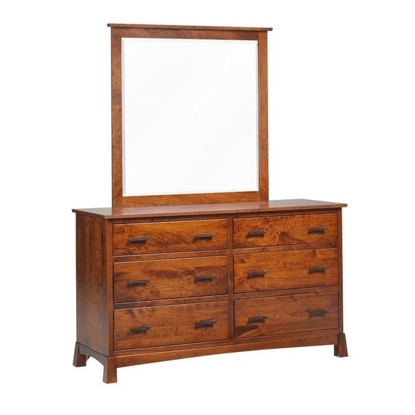 Amish Samantha 62 Wide Modern Rustic Low Dresser shown in Rustic Cherry with Asbury Finish and Chandler Hardware