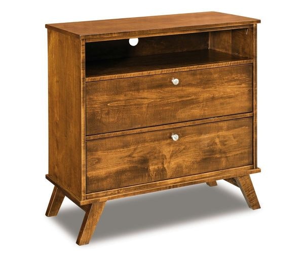 Amish Emmit Mid Century Modern 2-Drawer Media Chest of Drawers shown in Brown Maple Wood with Manchester Stain
