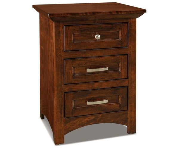 Amish Broderick 21 Wide 3-Drawer Nightstand shown in Sap Cherry with Burnt Umber Stain and Rustic Hickory with Two Tone Finish Limed Oak Base and Manchester Stained Top