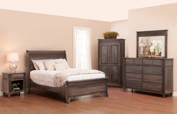 Amish Ornament 5-Piece Bedroom Set includes 1 Bed, 1 Dresser, 1 Matching Beveled Mirror, 1 Nightstand & 1 Wardrobe