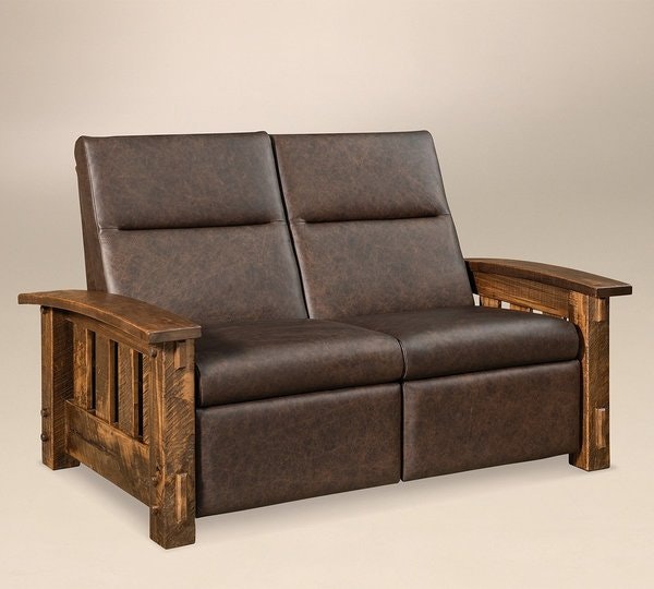 Amish Dutton Rough Sawn Wall Hugger Loveseat Recliner Rustic 65 inches Wide with Choice of Upholstery