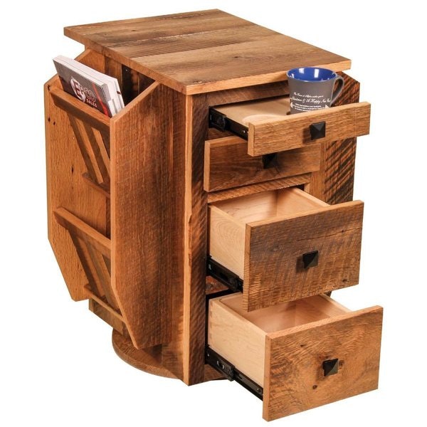 Amish Reclaimed Barn Wood Magazine Stand with Storage and Cupholders