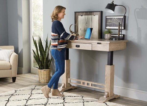 Amish 56 Wide Utopia Mission Standing Desk with Electric Lift Top - Quick Ship shown in Oak with Mineral Stain