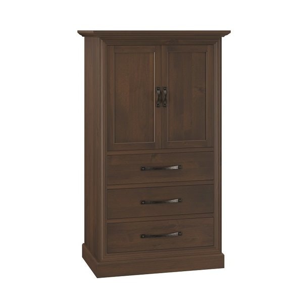 Amish 74 Tall Andy Leigh Solid Wood Armoire shown in Knotty Alder with Almond Stain, low sheen