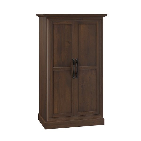 Amish 74 Tall Andy Leigh Solid Wood Wardrobe shown in Knotty Alder with Almond Stain, low sheen