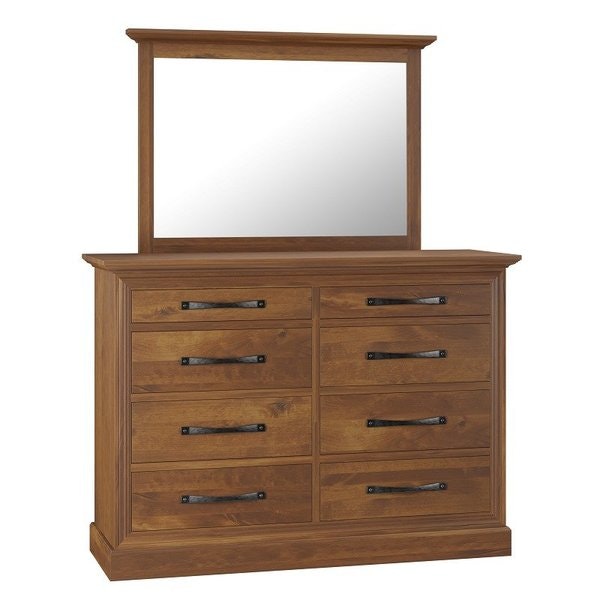 Amish Andy Leigh Solid Wood 47 High Dresser with Optional Mirror shown in Knotty Alder with Vibrant Mahogany Stain, low sheen
