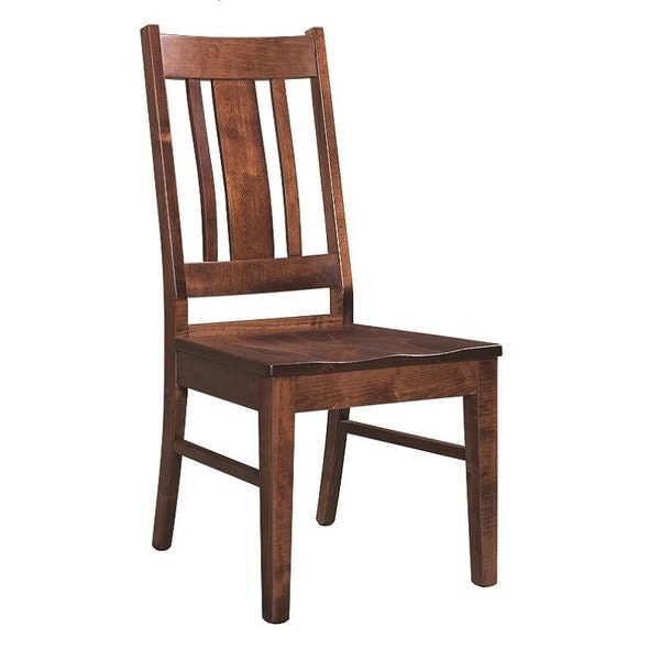 Dining side chair with thin decorative beam on side legs - three piece back support with thick plank centered