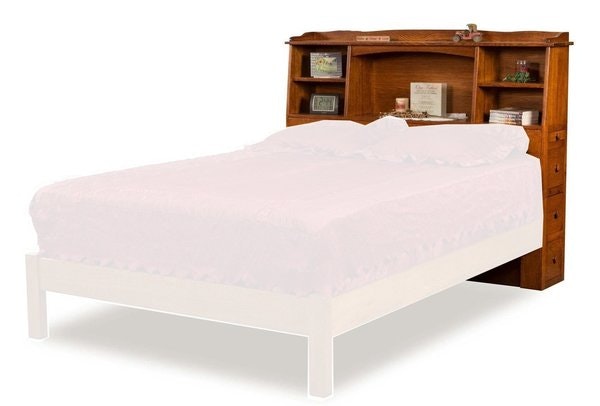 Amish Solid Wood Bookcase Headboard with Side Storage on Each Side and an Optional Hidden Storage Drawer.