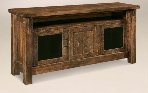 Amish Dutton Rough Sawn Wood Open 72 Wide TV Stand with Adjustable Shelves and Soft Close Door Hinges.