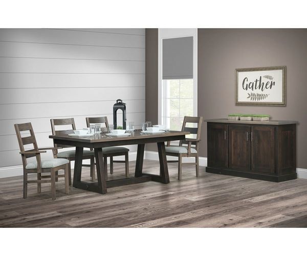 Amish Marlow Reclaimed Barnwood Dining Set shown with 72 inch Marlow Dining Table, Two Side chairs and two Arm chairs, and the optional 60 inch server and stained with a two tone finish- Base: Ebony / Top: Creek Slate and a 10 Sheen Varnish