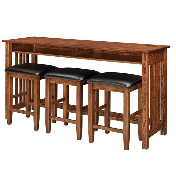 Amish Prescott Mission Counter Height Table with Optional Stools Shown in Oak with Golden Brown Stain