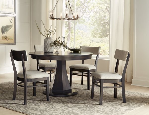 Alstead Dining Set: This set includes - 4 Alstead Side Chairs & 1 48 Inch Alstead Pedestal Dining Table. All items are built using Brown Maple Wood and is shown with a Smoke Grey Finish and Crypton Coconut Fabric. Ready to ship in 2 to 3 Weeks!