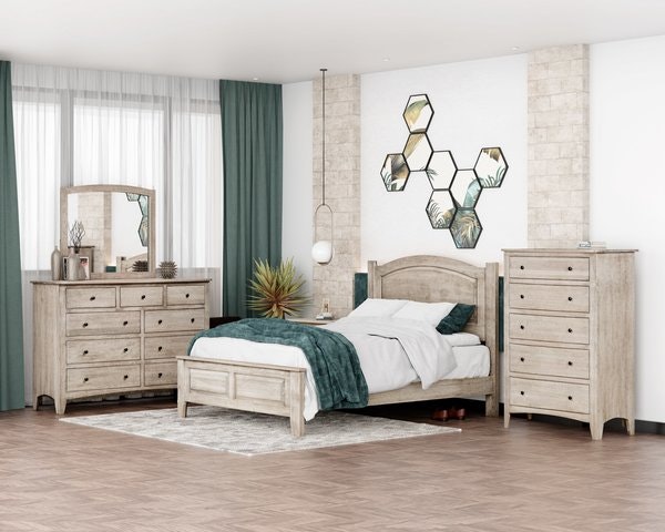 Amish made solid wood bedroom set shown in sap cherry.