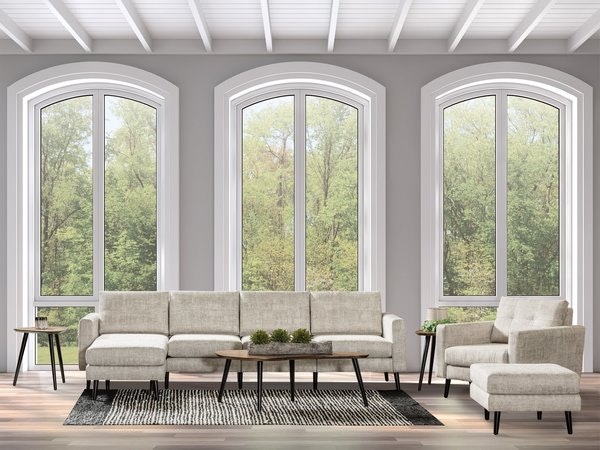 Amish Mid-Century Modern Isidora Living Room Furniture 6 Piece Set includes Upholstered Sofa with Chaise, Upholstered Lounge Chair, Upholstered Footstool, 2 Contemporary End Tables, and 1 Contemporary Coffee Table