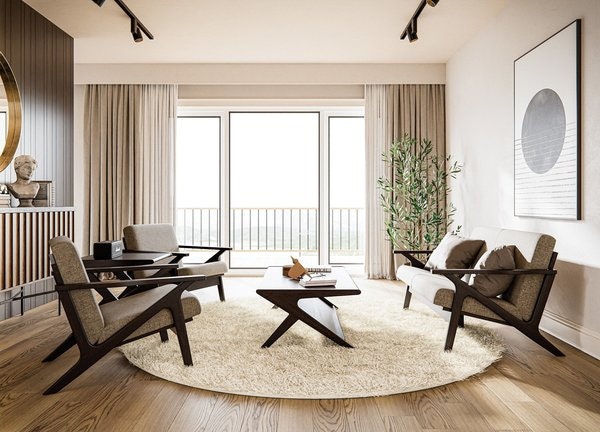 Rustic Mid Century Oversized Chair Solid Wood Mid-Century Modern