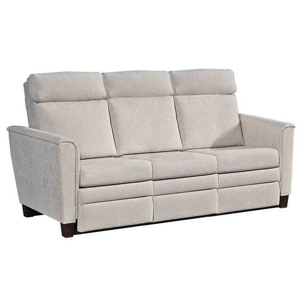 Amish Maya Transitional Reclining Sofa with choice of Upholstery, Premium Wood, Finish Color, Power Release, and Wallhugger Cable Release.