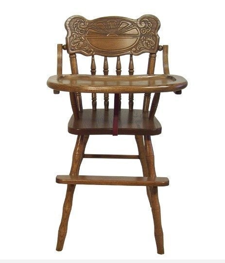 Amish Sunburst Oak Wood High Chair with Slide In Tray In-Stock - Choose Your Finish