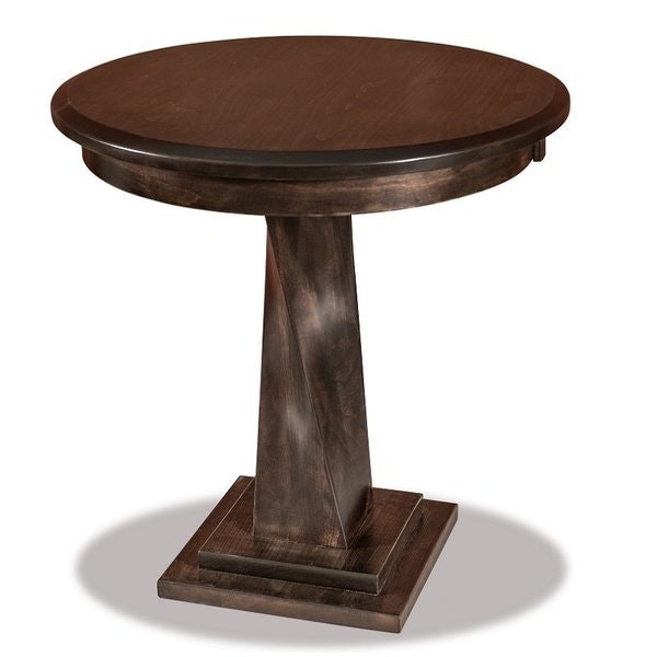 Amish 24 Round Uplift Pedestal End Table shown in Brown Maple Wood with a Charwood finish