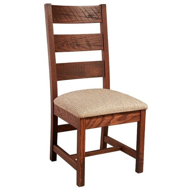 Amish Handcrafted Cantu Ladder Back Dining Chair shown in Ruff Red Oak with Boston Stain and Bark Fabric