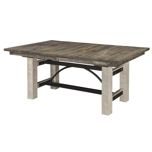 Amish Handcrafted Arcadia Rough Cut Maple Wood Trestle Dining Table Shown With: Stain – Seat: Carbon Stain – Base: Mineral
