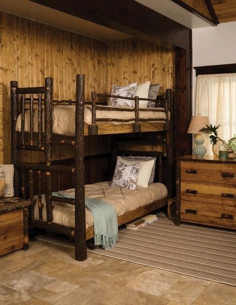 Amish Rustic Hickory Log Bunk Beds with Built in Ladder