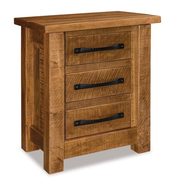 Amish Rustic Ridge 3-Drawer Nightstand shown in Rustic Rough Sawn Brown Maple Wood with our Harvest Stain