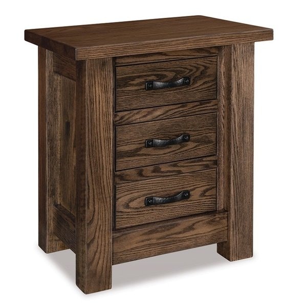 Amish 27 Inch Wide Rustic Ridge Small 3-Drawer Nightstand with 1 3/4 Inch Solid Wood Posts.
