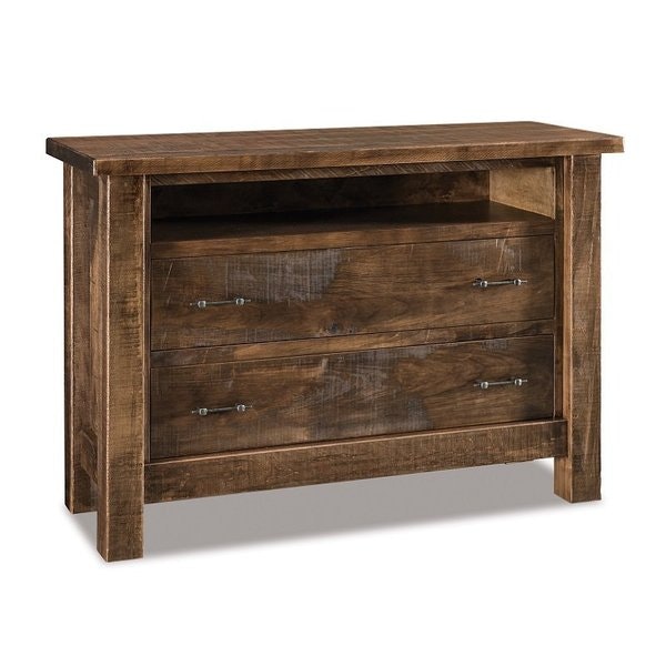 Amish Rustic Dutton 2 Drawer Media Chest - Quick Ship Shown in Rustic Sawn Brown Maple with Almond stain.