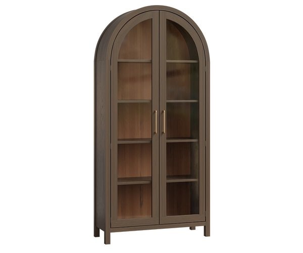 Amish 84 Tall Modern Harlow Display Cabinet with Glass Doors shown in Red Oak with Nobleman Stain