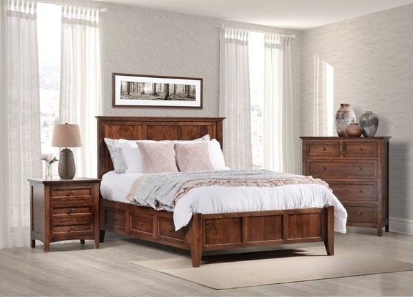 Amish Cicero Bedroom Set with Underbed Storage shown in Rustic Cherry with Michael’s Finish