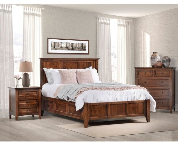 Amish Cicero Mantel Bedroom Set with optional Underbed Storage shown in Rustic Cherry with Michael’s Finish
