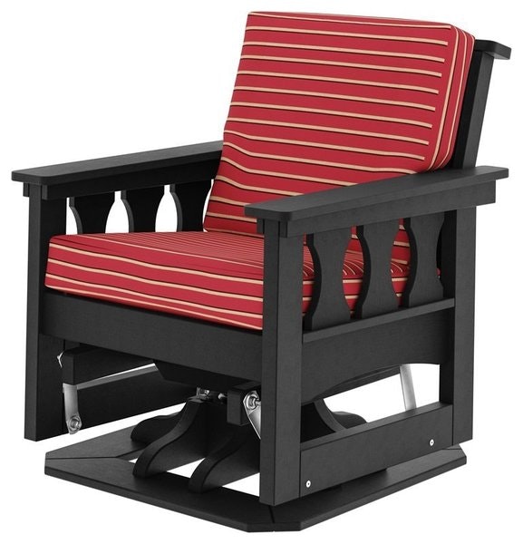Amish Meadow Polywood swivel chair for outdoors with a red and white stiped fabric