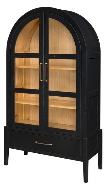 Amish Bellevue Mid-Century Modern Arched Storage Display Cabinet shown in Rustic Quarter Sawn White Oak with Muted Black and Natural Stain